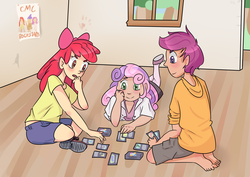Size: 3508x2480 | Tagged: safe, artist:vogelchan, apple bloom, scootaloo, sweetie belle, human, g4, barefoot, card, cutie mark crusaders, feet, high res, humanized