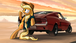 Size: 1920x1080 | Tagged: safe, artist:dori-to, applejack, g4, car, clothes, female, ford, ford mustang, mustang, shirt, solo