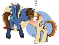Size: 2000x1500 | Tagged: safe, artist:befishproductions, oc, oc only, oc:headlong flight, alicorn, earth pony, pony, alicorn oc, blushing, boop, eyes closed, gay, male, noseboop, nuzzling, open mouth, shipping, signature, simple background, smiling, spread wings, transparent background, unshorn fetlocks, wide eyes