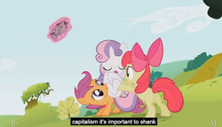 Size: 804x460 | Tagged: safe, screencap, apple bloom, scootaloo, smarty pants, sweetie belle, g4, lesson zero, capitalism, cutie mark crusaders, meme, shank, youtube caption