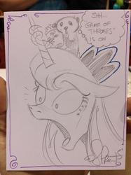 Size: 845x1127 | Tagged: safe, artist:andy price, princess luna, tiberius, g4, game of thrones, popcorn, thought bubble, traditional art