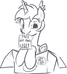 Size: 768x850 | Tagged: safe, artist:stoic5, oc, oc only, oc:rosewood, pony, unicorn, adoptable, cardboard box, cardboard wings, cute, fake wings, grin, joke, leaning, legit, lineart, looking at you, monochrome, mouth hold, pony in a box, seems legit, simple background, smiling, solo, tape, white background