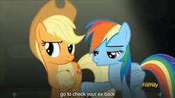 Size: 2560x1432 | Tagged: safe, edit, edited screencap, screencap, applejack, rainbow dash, earth pony, pegasus, pony, g4, the cutie map, caption, female, mare, meme, text, youtube caption