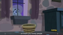 Size: 2560x1434 | Tagged: safe, screencap, fluttershy, g4, the cutie map, curtains, discovery family logo, female, honey, meme, solo, water, youtube caption