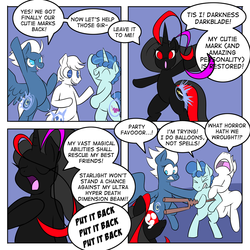 Size: 992x992 | Tagged: safe, artist:zanezandell, double diamond, night glider, party favor, oc, oc:darkness darkblade, earth pony, pegasus, pony, unicorn, g4, the cutie map, :o, bipedal, comic, crying, dialogue, donut steel, eye shimmer, eyes closed, familiar, female, flying, frown, gritted teeth, hoof hold, horrified, joke oc, male, mare, mary sue, no pupils, open mouth, puppy dog eyes, red and black oc, sad, scared, smiling, smirk, speech bubble, spread wings, staff, staff of sameness, stallion, teary eyes, wide eyes