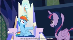 Size: 2560x1426 | Tagged: safe, screencap, rainbow dash, twilight sparkle, alicorn, pony, g4, the cutie map, female, mare, meme, twilight sparkle (alicorn), youtube caption