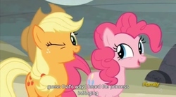 Size: 2560x1428 | Tagged: safe, screencap, applejack, pinkie pie, g4, the cutie map, meme, youtube caption