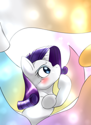 Size: 1000x1375 | Tagged: safe, artist:ushiro no kukan, rarity, pony, unicorn, g4, blushing, fabric, female, solo, thinking