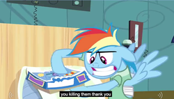 Size: 840x476 | Tagged: safe, screencap, rainbow dash, pegasus, pony, g4, read it and weep, battlecloud, board game, faic, hospital gown, meme, youtube caption