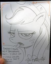 Size: 600x752 | Tagged: safe, artist:andypriceart, applejack, earth pony, pony, g4, background pony, background pony applejack, bust, dialogue, female, lidded eyes, mare, monochrome, open mouth, partial color, portrait, solo, speech bubble, traditional art
