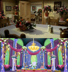 Size: 1680x1774 | Tagged: safe, artist:rainbowraindashdash, screencap, dog, castle sweet castle, g4, a matter of loaf and death, aardman animations, banner, chair, chandelier, cupcake, dining room, discovery family logo, door, doorway, flower, gromit, indoors, pedestal, solo, statue, surprised, table, teapot, twilight's castle, vase, wallace and gromit, window