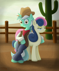 Size: 1200x1451 | Tagged: safe, artist:sslug, bon bon, lyra heartstrings, sweetie drops, earth pony, pony, unicorn, g4, bon bon is not amused, clothes, cowboy hat, cowgirl, duo, female, hat, looking at you, mare, smiling, unamused