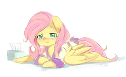 Size: 860x528 | Tagged: safe, artist:ende26, fluttershy, g4, bathrobe, blushing, clothes, cold, cute, female, floppy ears, frown, open mouth, panting, prone, sick, solo, spread wings, tissue, tissue box