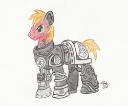 Size: 1665x1377 | Tagged: safe, artist:sensko, big macintosh, cyborg, earth pony, pony, g4, amputee, armor, crossover, iron hands, male, pencil drawing, power armor, prosthetic leg, prosthetic limb, prosthetics, solo, space marine, stallion, traditional art, warhammer (game), warhammer 30k, warhammer 40k