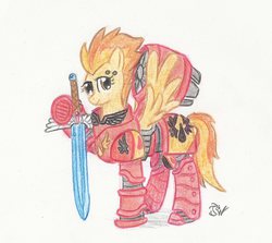 Size: 1460x1300 | Tagged: safe, artist:sensko, spitfire, pegasus, pony, g4, armor, blood angels, crossover, female, jetpack, mare, pencil drawing, power armor, power sword, solo, space marine, sword, traditional art, warhammer (game), warhammer 30k, warhammer 40k