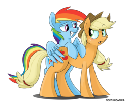 Size: 900x743 | Tagged: safe, artist:spainfischer, applejack, rainbow dash, earth pony, pegasus, pony, g4, blushing, butt touch, feathermarking, female, grin, lesbian, mare, never doubt tchernobog's involvement, ship:appledash, shipping, simple background, surprised, transparent background
