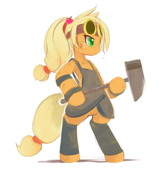 Size: 890x950 | Tagged: safe, artist:ende26, applejack, earth pony, pony, semi-anthro, g4, badass, bipedal, blacksmith, female, goggles, hammer, solo