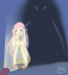 Size: 1280x1410 | Tagged: safe, artist:jonfawkes, fluttershy, human, g4, 30 minute art challenge, flashlight (object), humanized, scared, shadow, wing ears