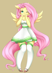 Size: 1280x1810 | Tagged: safe, artist:grandifloru, fluttershy, human, g4, clothes, dress, eared humanization, female, human facial structure, humanized, one eye closed, socks, solo, tail, tailed humanization, thigh highs, winged humanization, wings, wink, zettai ryouiki