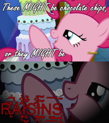 Size: 853x960 | Tagged: safe, pinkie pie, castle sweet castle, g4, cake, creepypasta, grimderp, image macro, meme, pure unfiltered evil, scan lines, seven-layer what's-that-flavour mystery surprise, the worst possible thing, you monster, zalgo
