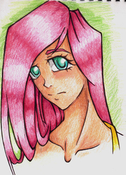 Size: 1426x1980 | Tagged: safe, artist:rosha-krieger, fluttershy, human, g4, female, humanized, solo, traditional art