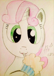 Size: 1536x2162 | Tagged: safe, artist:a7xcaramel, sweetie belle, g4, one bad apple, cute, female, milkshake, simple background, solo, traditional art