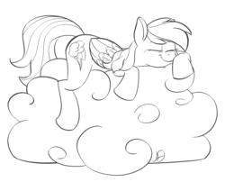 Size: 3914x3312 | Tagged: safe, artist:tentinythimbles, rainbow dash, g4, cloud, female, high res, monochrome, sleeping, solo