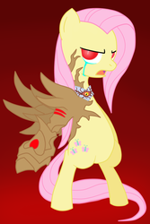 Size: 720x1080 | Tagged: safe, artist:shinobiferret, fluttershy, pony, g4, bipedal, bloodshot eyes, crossover, crying, female, nightmare, red eyes, solo, soul calibur