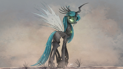 Size: 2962x1669 | Tagged: safe, artist:ncmares, queen chrysalis, changeling, changeling queen, g4, annoyed, dirty, female, frown, glare, glowing eyes, messy mane, necklace, nose wrinkle, solo, walking