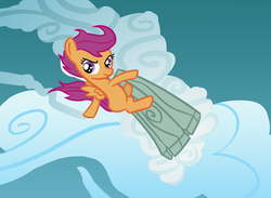 Size: 829x607 | Tagged: safe, artist:gingermint, scootaloo, g4, cloud, cloudy, female, solo, surfing