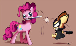 Size: 1300x778 | Tagged: safe, artist:solar-slash, pinkie pie, pichu, g4, context is for the weak, frying pan, wat