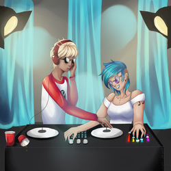 Size: 981x981 | Tagged: safe, artist:celestial-lights, dj pon-3, vinyl scratch, human, g4, crossover, crossover shipping, dave strider, homestuck, humanized, turntable