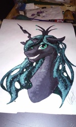 Size: 1344x2240 | Tagged: safe, artist:mushra123, queen chrysalis, g4, female, grin, portrait, solo, traditional art