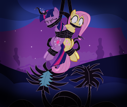 Size: 900x758 | Tagged: safe, artist:radiantrealm, fluttershy, twilight sparkle, alicorn, pegasus, pony, g4, black vine, bondage, bound together, commission, crying, damsel in distress, eyes closed, female, gag, i've seen enough hentai to know where this is going, imminent vore, implied vore, peril, plant bondage, poison vine, show accurate, story included, suspended, teary eyes, tied up, twilight sparkle (alicorn), vine, vine bondage, wide eyes
