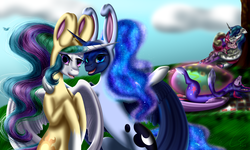 Size: 3600x2160 | Tagged: safe, artist:crazyaniknowit, princess cadance, princess celestia, princess luna, shining armor, twilight sparkle, alicorn, pony, g4, alicorn tetrarchy, bunny costume, clothes, cuddling, easter, easter egg, female, high res, mare, snuggling, twilight sparkle (alicorn)