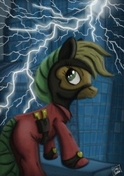 Size: 3508x4961 | Tagged: safe, artist:dinodraketakethecake, applejack, mistress marevelous, pony, g4, power ponies (episode), city, female, gritted teeth, lightning, looking back, power ponies, solo