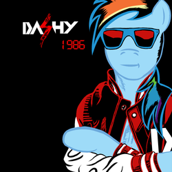 Size: 1200x1200 | Tagged: safe, artist:evilgnome555, rainbow dash, g4, 1986, album cover, album parody, kavinsky