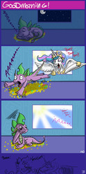 Size: 3508x7087 | Tagged: safe, artist:dinodraketakethecake, princess celestia, spike, alicorn, dragon, pony, g4, comic, dragon hoard, female, hoard, hoers, male, mare, musical instrument, sleeping, treasure, trollestia, trumpet