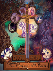 Size: 902x1200 | Tagged: safe, artist:saint-juniper, king sombra, princess cadance, shining armor, twilight velvet, oc, alicorn, deer, pony, unicorn, fanfic:myths and birthrights, fanfic:velvet sparkle and the queen in stone, g4, fanfic, fanfic art, fanfic cover, female, male, mare, stallion, sword, weapon
