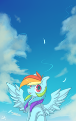 Size: 1580x2500 | Tagged: safe, artist:snowsky-s, rainbow dash, pegasus, pony, g4, cloud, female, mare, open mouth, sitting, sky, solo, spread wings, wings