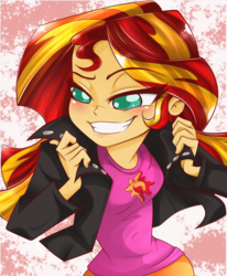 Size: 802x973 | Tagged: dead source, safe, artist:bansheekisara, artist:lunchie, sunset shimmer, equestria girls, g4, my little pony equestria girls: rainbow rocks, abstract background, clothes, colored, credits, eyebrows, eyebrows visible through hair, female, grin, jacket, leather jacket, shine like rainbows, skirt, smiling, solo, swag, teeth