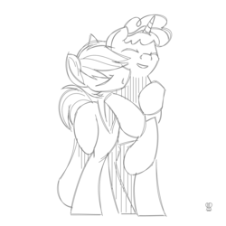 Size: 1280x1280 | Tagged: safe, artist:hoverrover, double diamond, party favor, earth pony, pony, unicorn, g4, eyes closed, gay, hug, male, monochrome, raised hoof, ship:partydiamond, shipping, sketch, smiling, snuggling, stallion