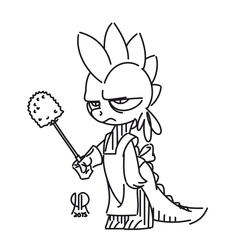 Size: 1280x1280 | Tagged: safe, artist:hoverrover, spike, dragon, g4, apron, clothes, gloves, male, monochrome, naked apron, sketch, solo, toilet scrubber, unamused