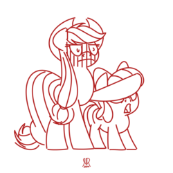 Size: 1280x1280 | Tagged: safe, artist:hoverrover, apple bloom, applejack, g4, blushing, monochrome, sketch