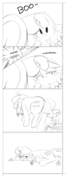 Size: 482x1280 | Tagged: safe, artist:jailbait, oc, oc only, oc:marker pony, boop, comic, equal cutie mark, equalized, monochrome, sad, underhoof