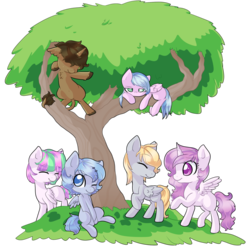 Size: 1024x1024 | Tagged: safe, artist:rue-willings, blossomforth, derpy hooves, princess celestia, oc, oc:bubblepop, g4, female, filly, group photo, tree