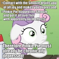 Size: 500x500 | Tagged: safe, sweetie belle, g4, my little pony: friendship is magic, season 5, exploitable meme, image macro, implied pinkie pie, implied smooze, meme, sudden clarity sweetie belle