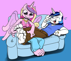 Size: 1280x1098 | Tagged: safe, artist:ced75, artist:kuroi-wolf, princess cadance, shining armor, alicorn, unicorn, anthro, plantigrade anthro, g4, barefoot, clothes, cute, denim, feet, female, foot fetish, foot tickling, good clean married tickles, jeans, long pants, male, male feet, pants, shining adorable, ship:shiningcadance, shipping, straight, tickling