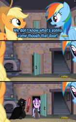 Size: 643x1024 | Tagged: safe, artist:ichijoe, artist:kannatc, applejack, rainbow dash, starlight glimmer, earth pony, pegasus, pony, unicorn, g4, my little pony: friendship is magic, the cutie map, darth vader, door, exploitable, exploitable meme, grand moff, horn, meme, mofflight glimmer, star wars, star wars rebels, that door