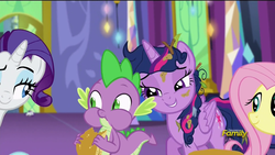 Size: 1920x1080 | Tagged: safe, screencap, fluttershy, rarity, spike, twilight sparkle, alicorn, dragon, pegasus, pony, unicorn, castle sweet castle, g4, female, leaves, leaves in hair, lidded eyes, mare, out of context, pancakes, puffy cheeks, twilight sparkle (alicorn)
